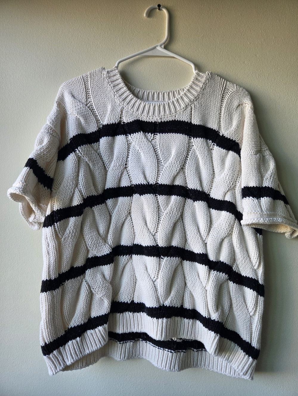 Womens SplendidChunky Cable Knit Short Sleeve Sweater - Ivory with Black Stripes